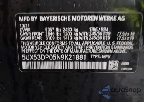 2022 BMW X3 xDrive30I z USA, uszkodzony, nr VIN 5UX53DP05N9K21881